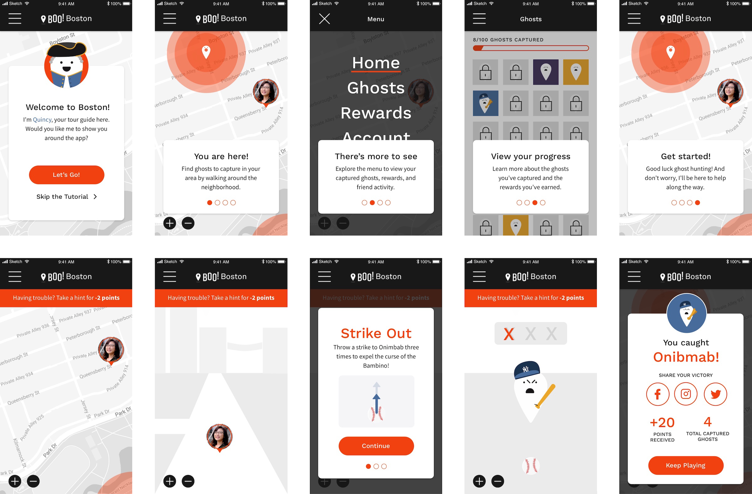 Ten screens from our finalized UI mockups that show the on-boarding experience and core ghost finding and catching feature.