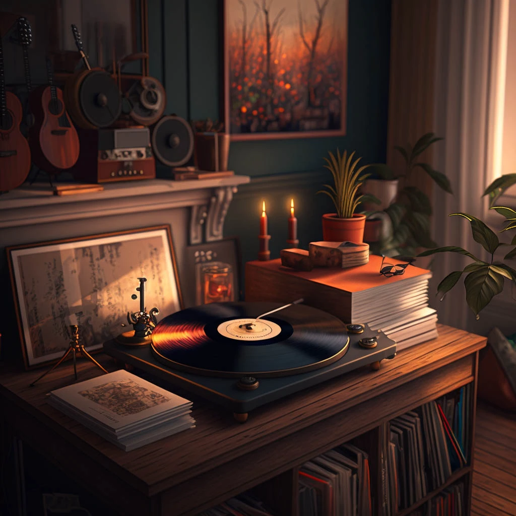 Vinyl record player on top of a desk in a living room