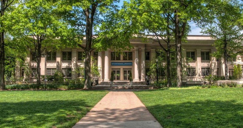 An entrance to American University's Kogod School of Business lined with a grassy quad and trees