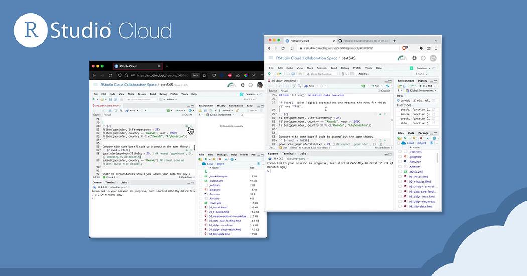 Thumbnail Two screenshot of different RStudio Cloud sessions, background is RStudio blue with the RStudio Cloud logo