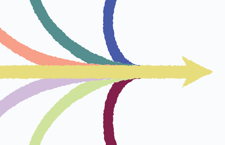 Seven different-colored arrows converging into one single arrow pointing in a single direction.