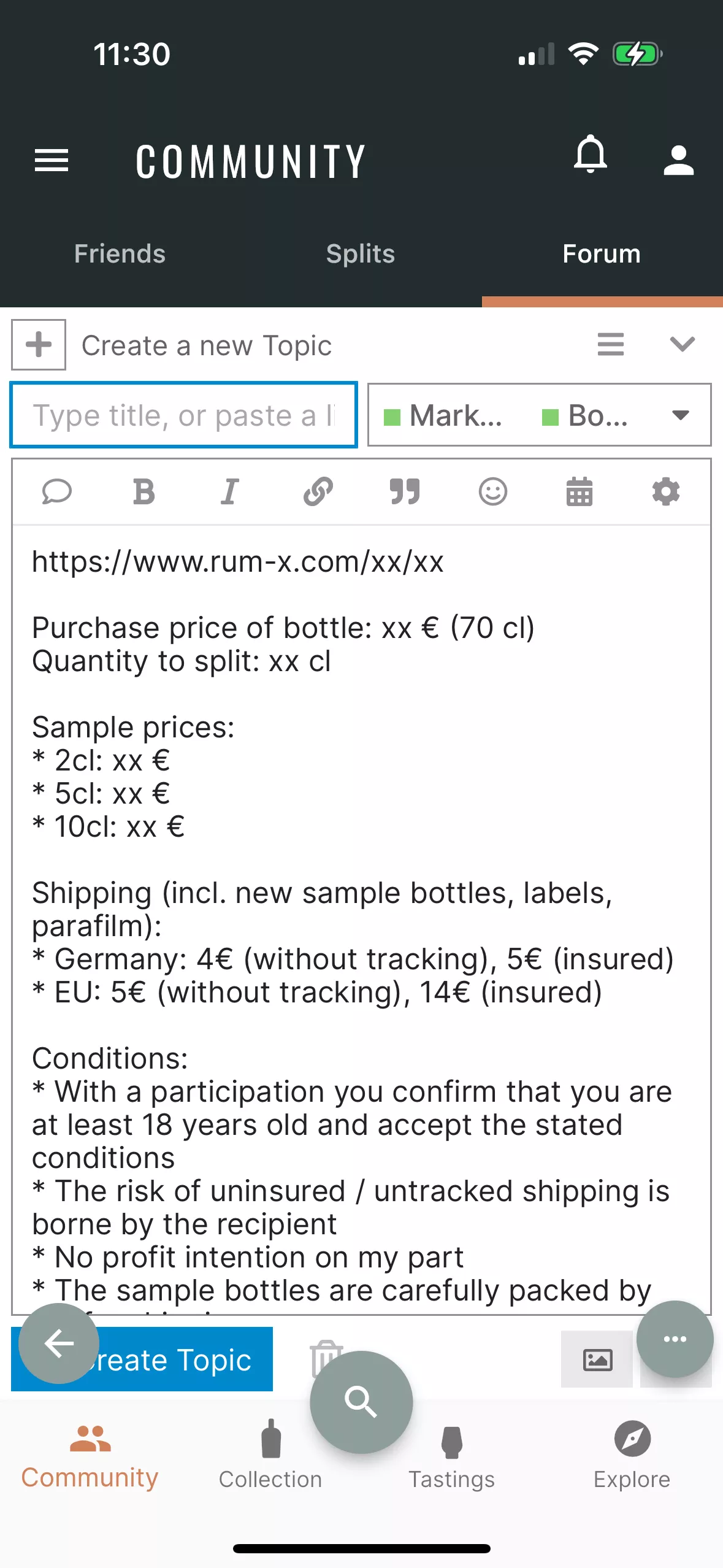 Screenshot of the template to create a new bottle split for the RumX community