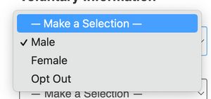 A screenshot of an online form with a "Gender" field which can be selected between "Male", "Female", and "Opt Out".