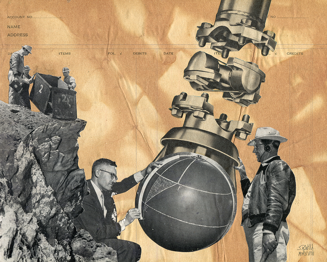 A couple of men on the left are dumping rocks from a large bin over a cliff. A seated man draws on a large globe. On the other side of the globe a man wearing headphones is touching the globe. Background is a page from a ledger stained brown with tea.