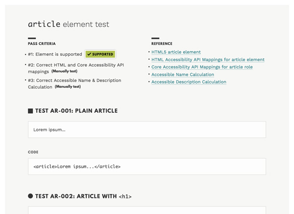Screenshot of an article test page on HTML5 Accessibility
