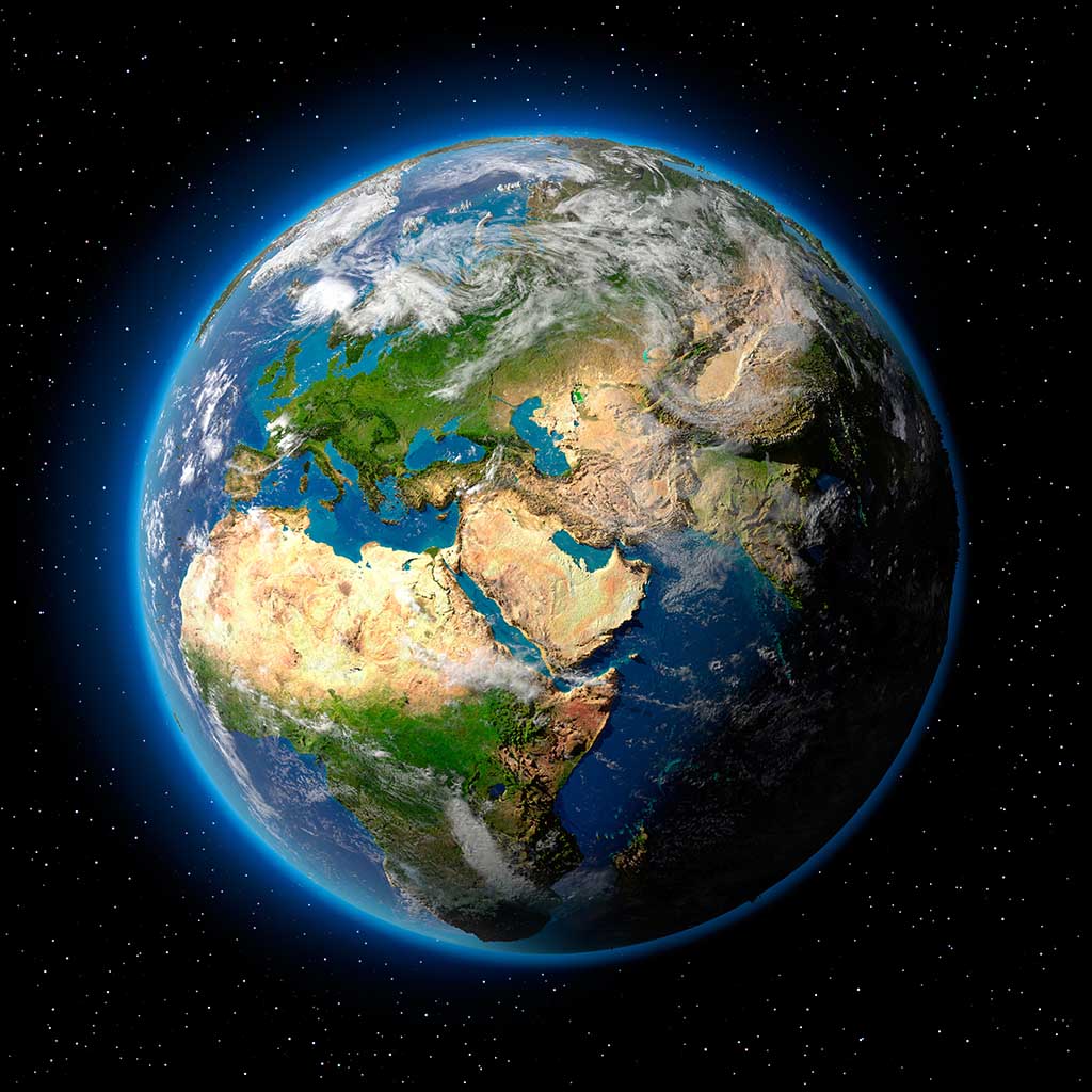 A beautiful ship in the sky! Planet earth with translucent water of the oceans, atmosphere, clouds...