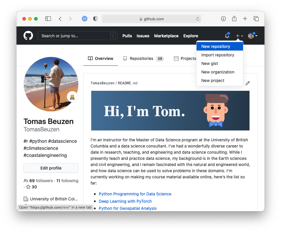 Creating a new repository in GitHub.