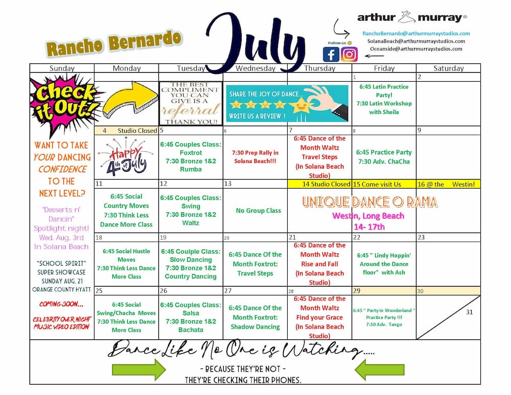 Arthur Murray Rancho Bernardo Group Class Calendar