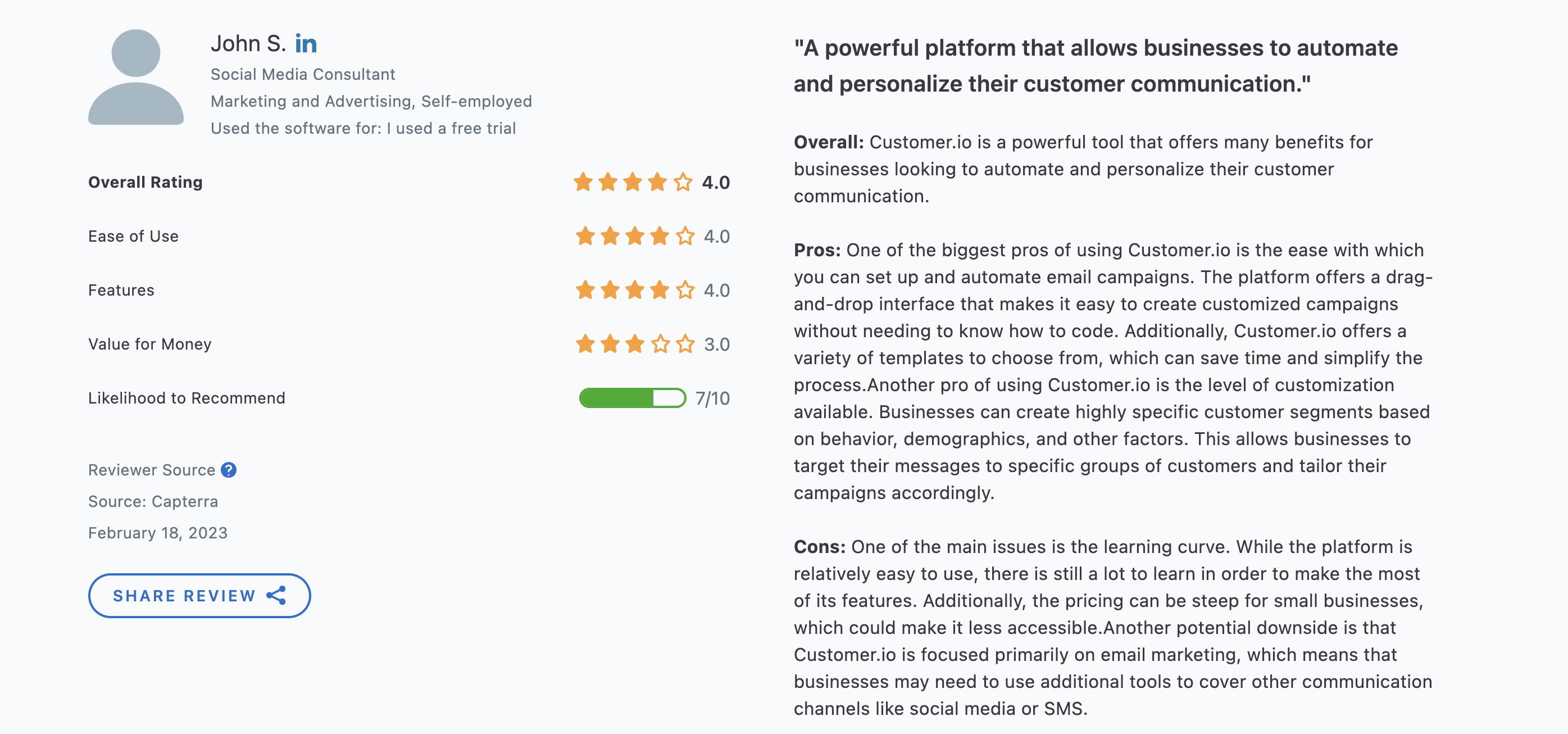 Customer.io Alternatives: Screenshot of a Customer.io review that talks about the steep learning curve
