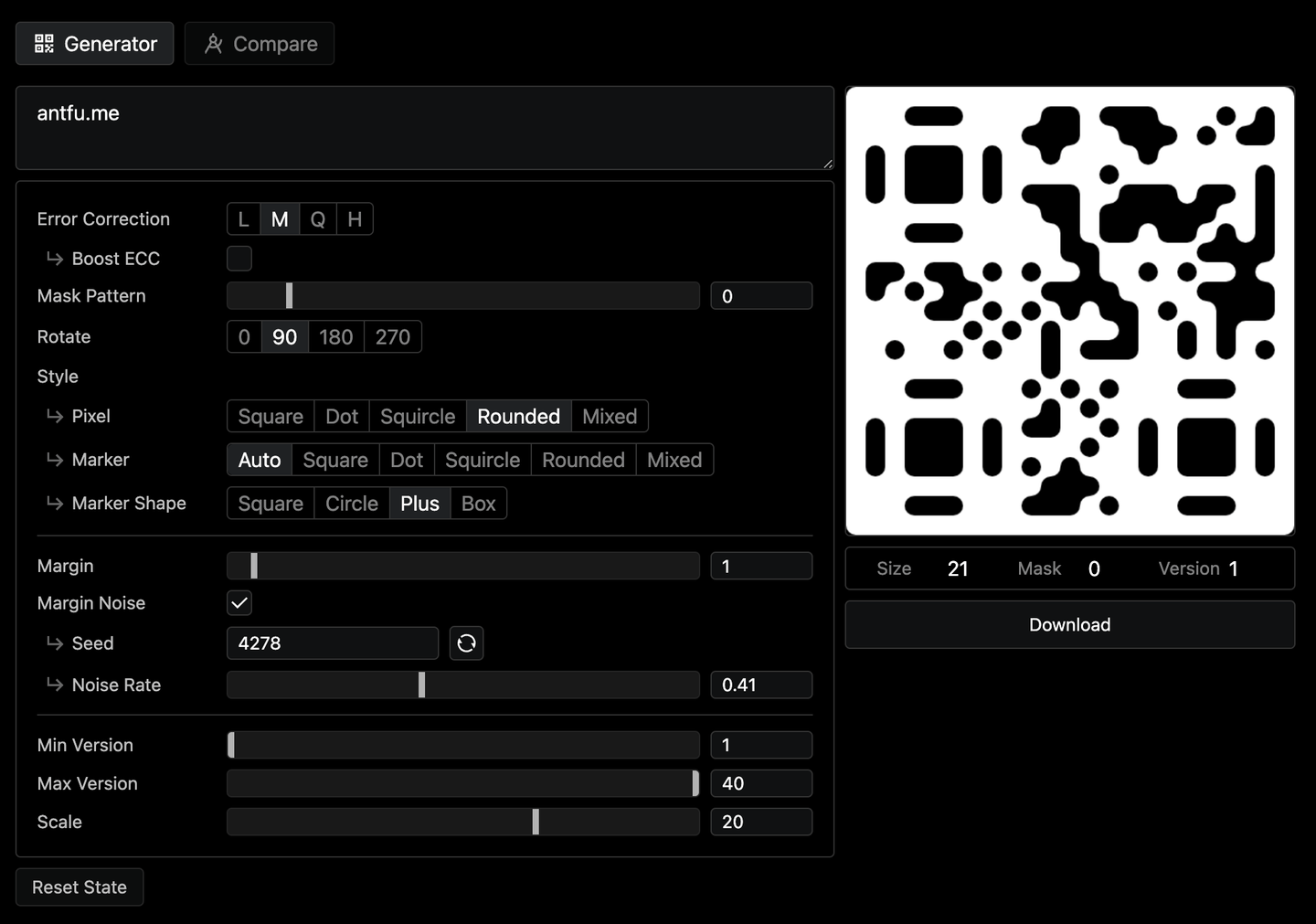QR Code generator with plus sign shaped markers