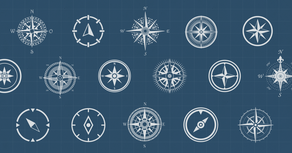 Sixteen different styles of white compasses against a navy blue background.