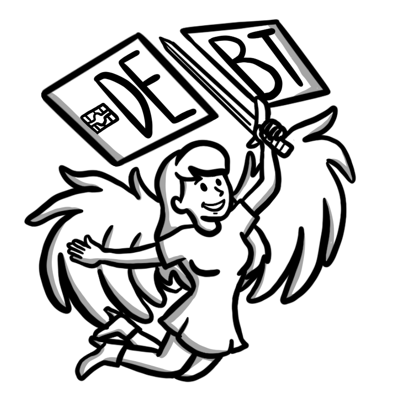 Character holding ripped apart sign above head which says 'Debt'.