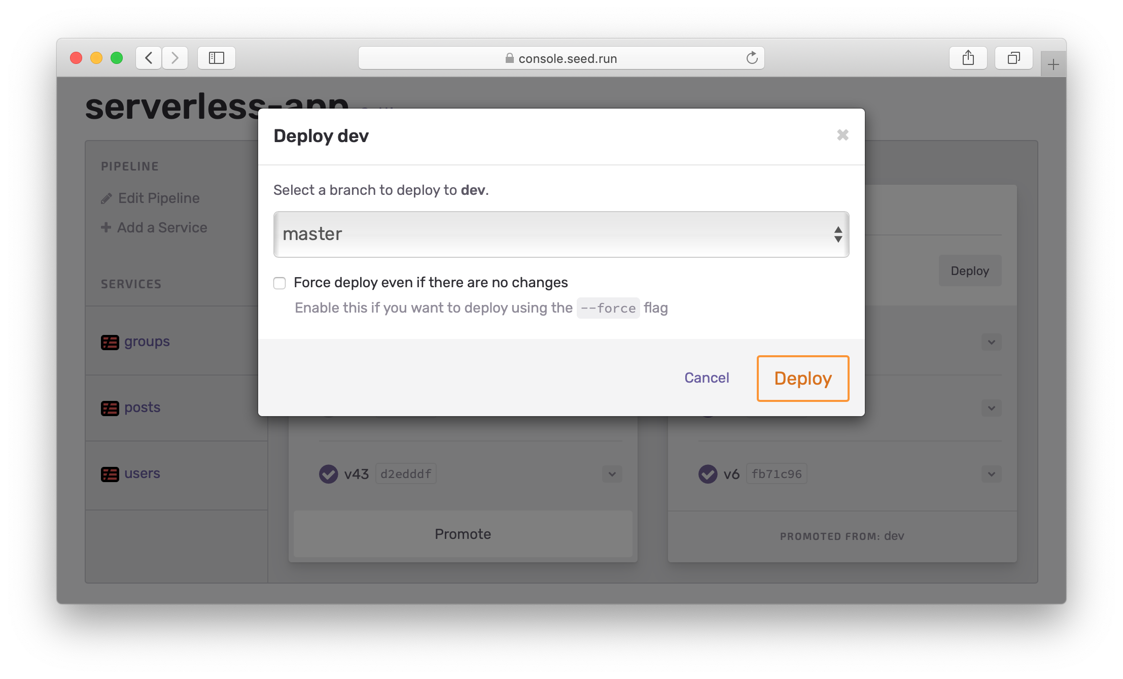 Manual deploy modal