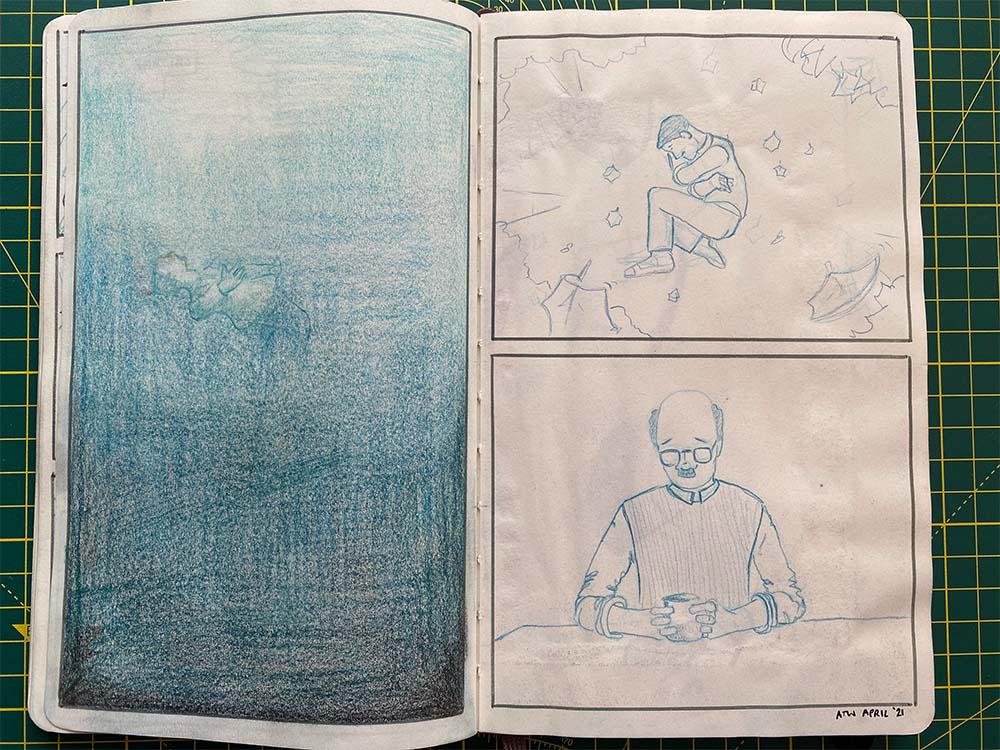 Two pages from another short story by Adam Westbrook in coloured pencil