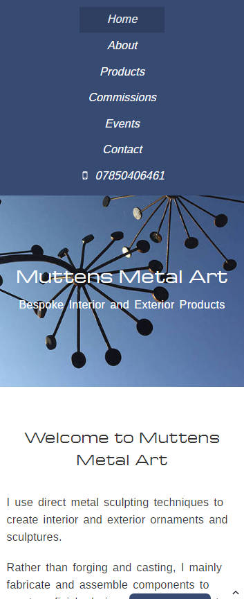 Muttens Metal Art website frontpage on a mobile
