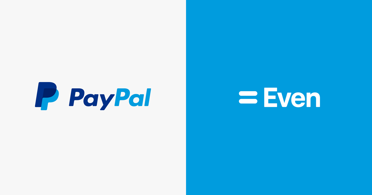 A blue PayPal logo against a white background on the left, and a white Even logo against a blue background on the right.