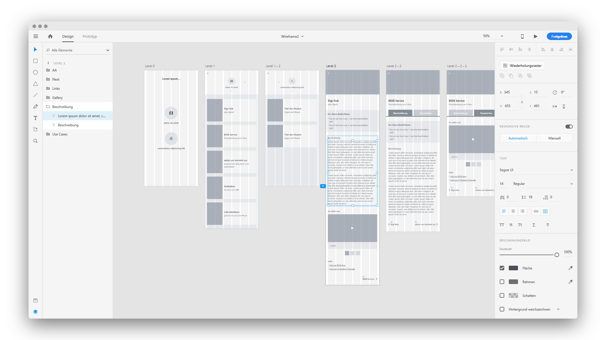 Die Arbeitsoberfläche von Adobe XD