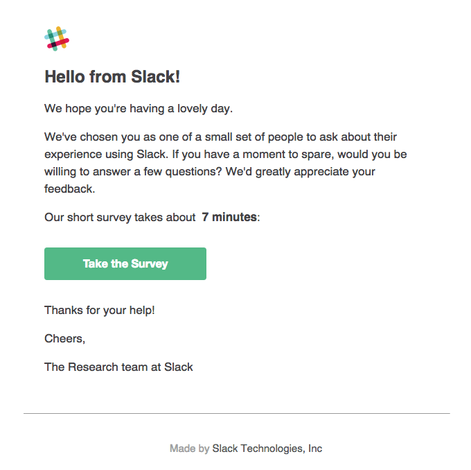 Feedback Email Examples: Screenshot of Slack's email asking for customer feedback