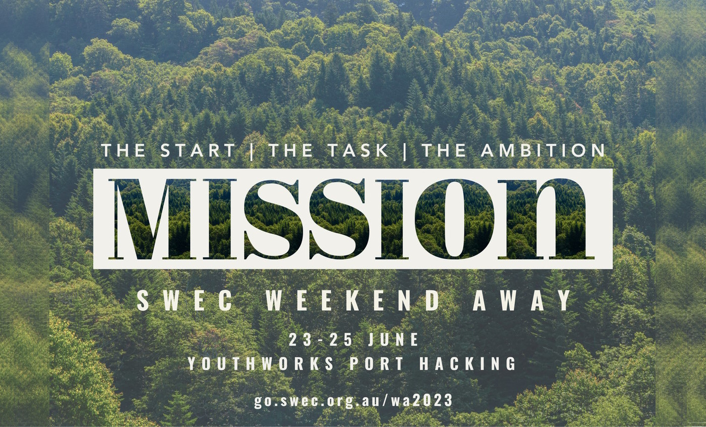Weekend Away promo graphic, theme: mission