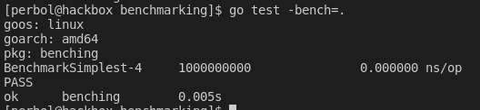 By running ‘go test -bench=.’ and seeing an output, we know the benchmark works