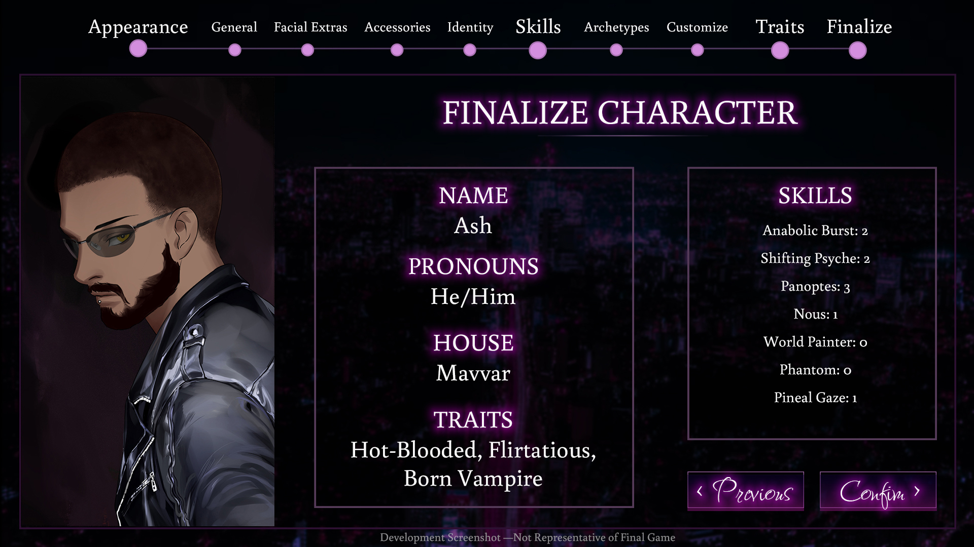 Final character screen showing summary of decisions