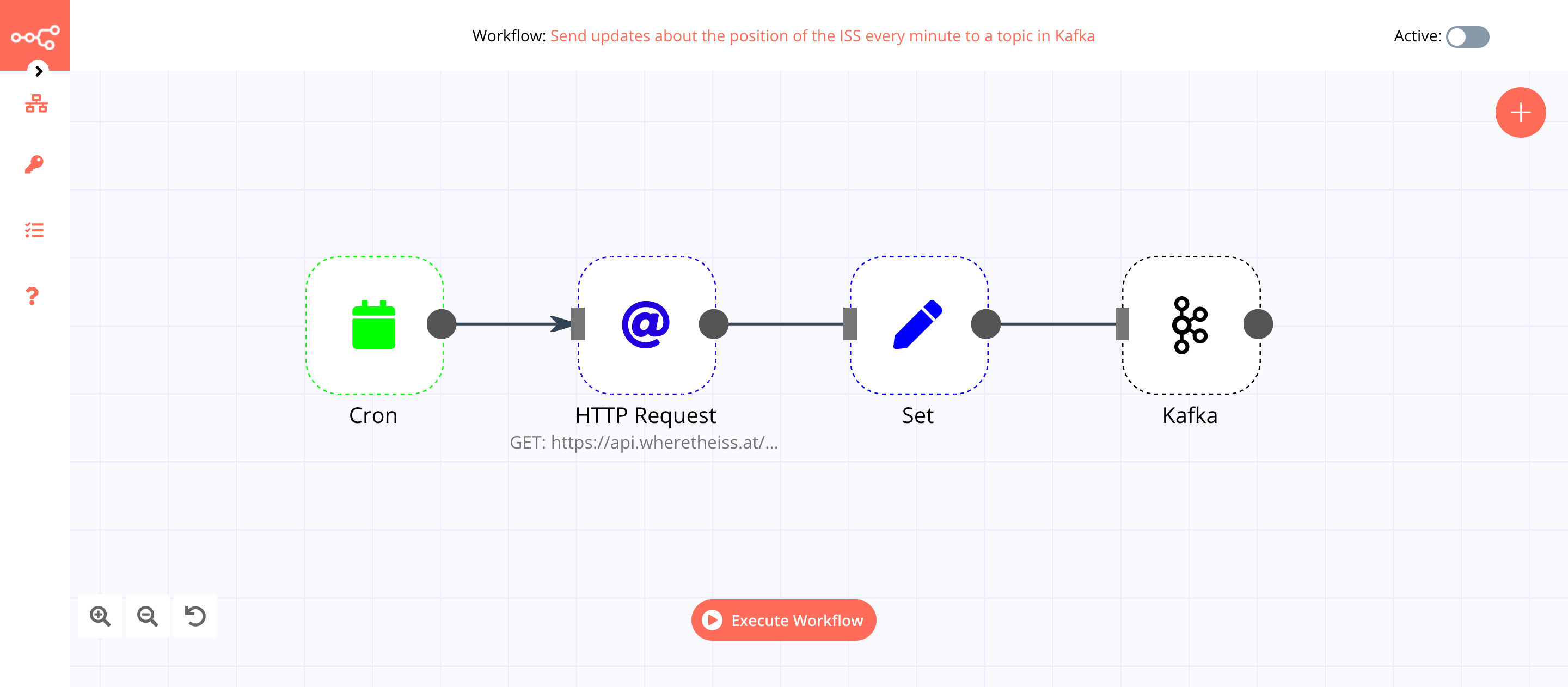 A workflow with the Kafka node