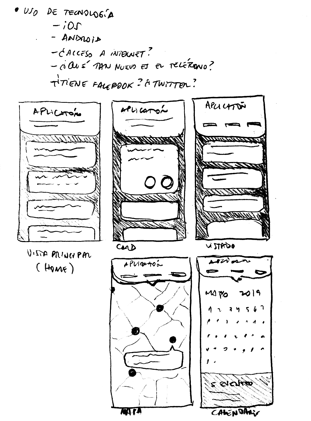 Boceto de una aplicación móvil en blanco y negro.