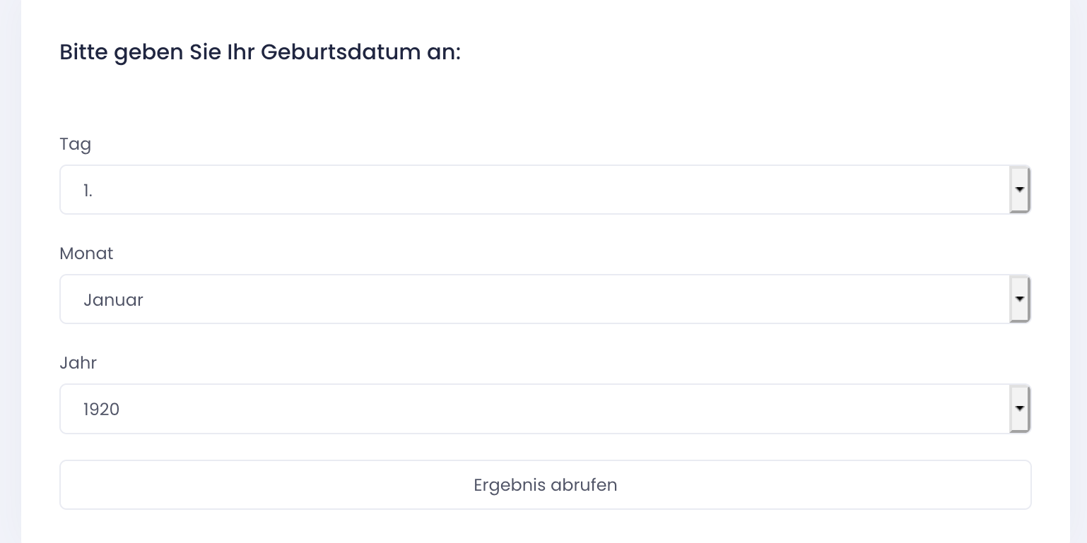 Screenshot des Formulars zur Eingabe des Geburtsdatums