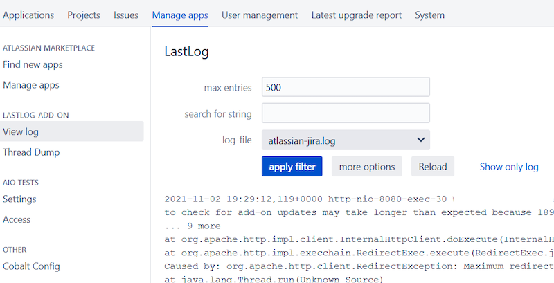 Retrieve Jira Server logs using the Last Log add-on