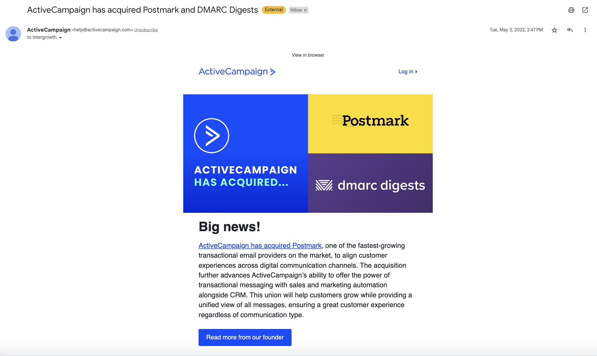 SaaS Company Acquisition Announcement Emails: Screenshot of ActiveCampaign's announcement email when they acquired Postmark