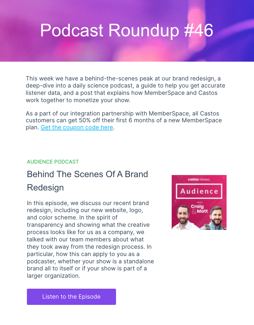 SaaS Rebranding Announcement Emails: Screenshot of Castos' email announcing its brand redesign