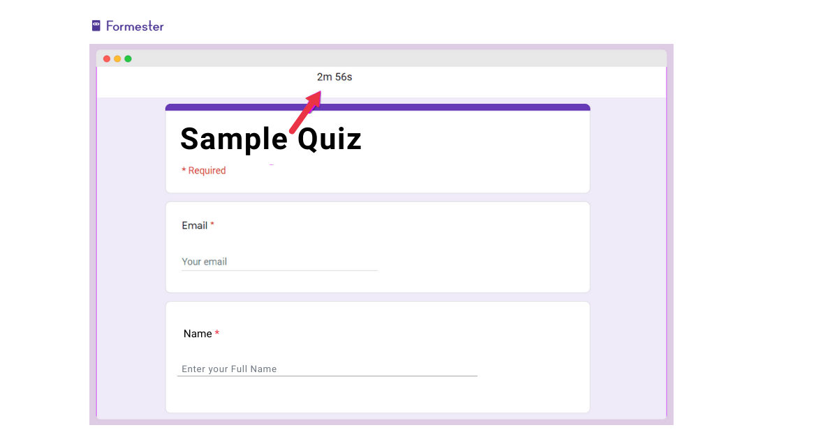 Screen capture showing: The timer is displayed at the top of the quiz once it starts.
