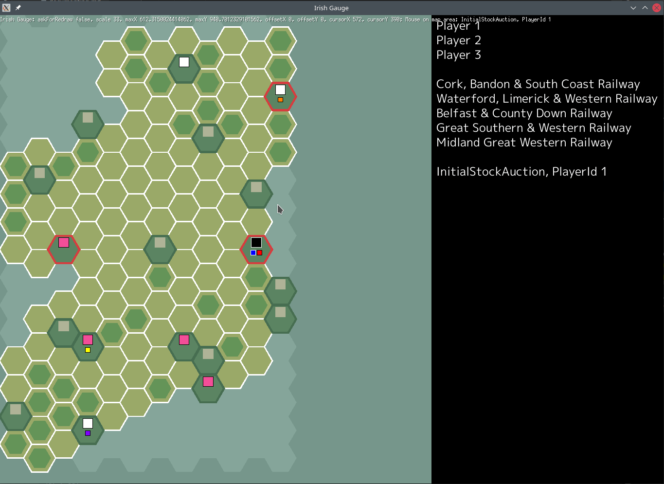 Mouse hovering over elements of the map to highlight debug info
