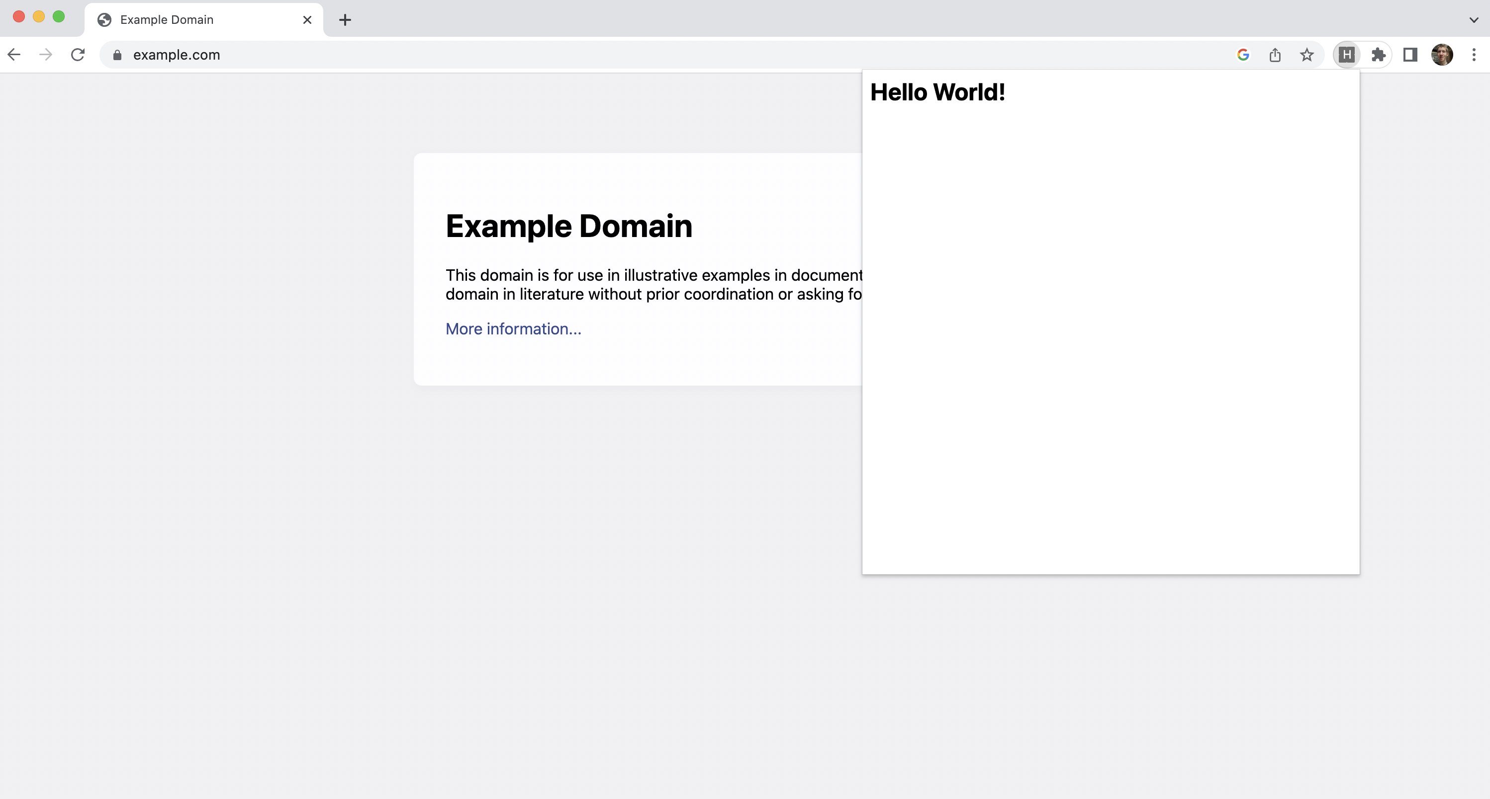 Hello World extension showing popup