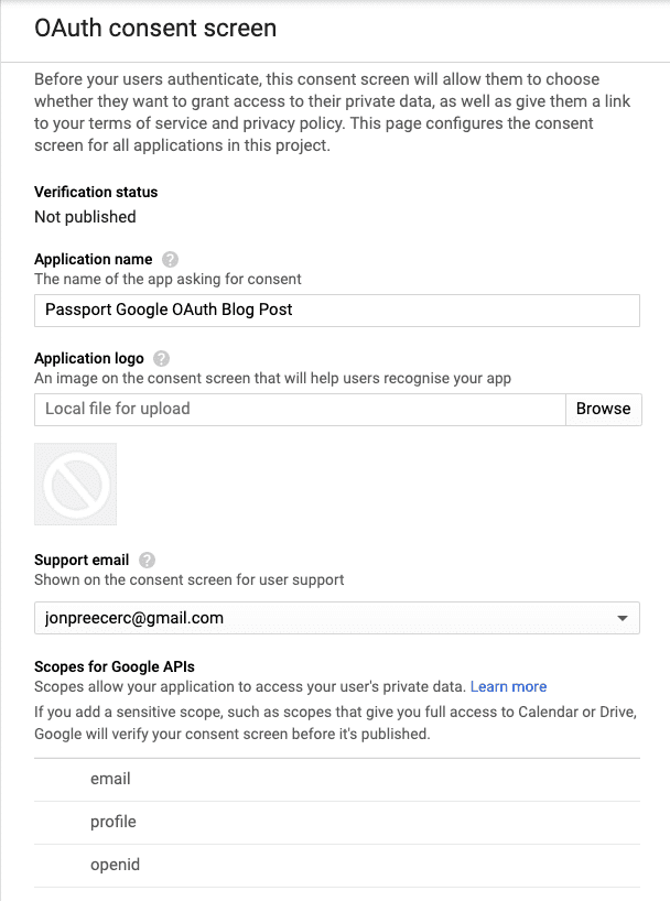 Google Developers Console - OAuth Consent Screen