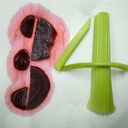 Slices of beetroot with a halo of pink wetting a paper towel say three, alongside a celery four.