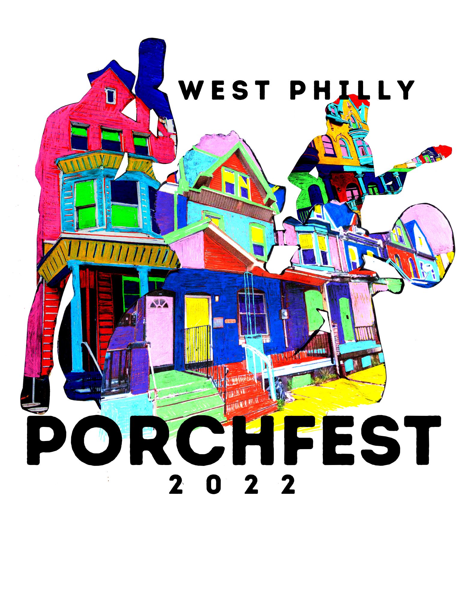 An illustration of multi-colored silhouetted figures playing musical instruments, with images of West Philly houses superimposed inside the figures' outlines.
