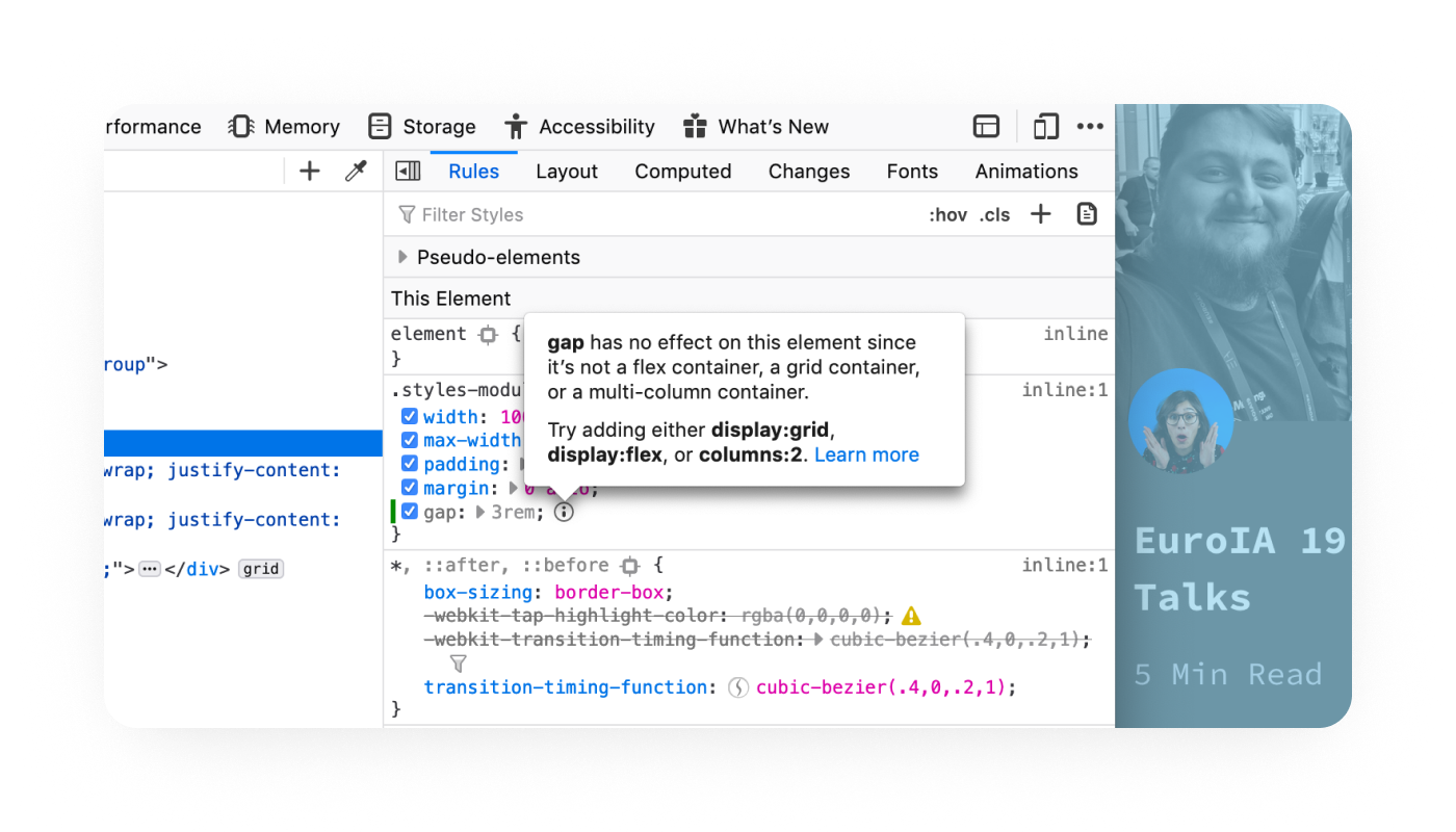 A screenshot showing Firefox's css tooling.