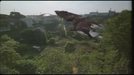 A rather badly composited CGI hawk flies over a suburban Tokyo skyline