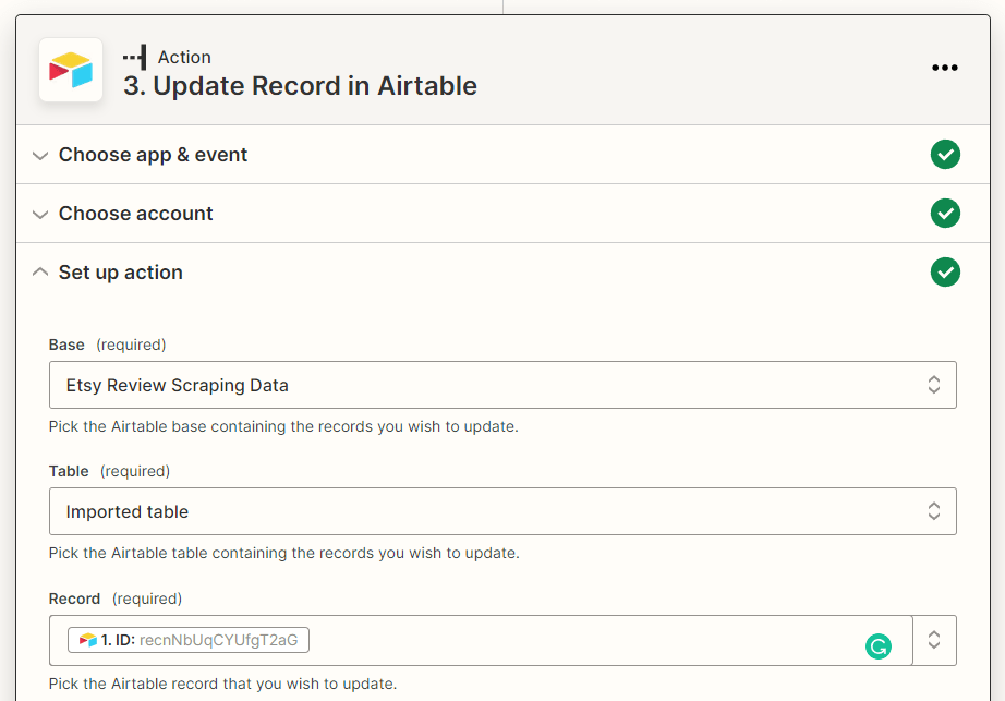 Screenshot of Airtable update record action setup
