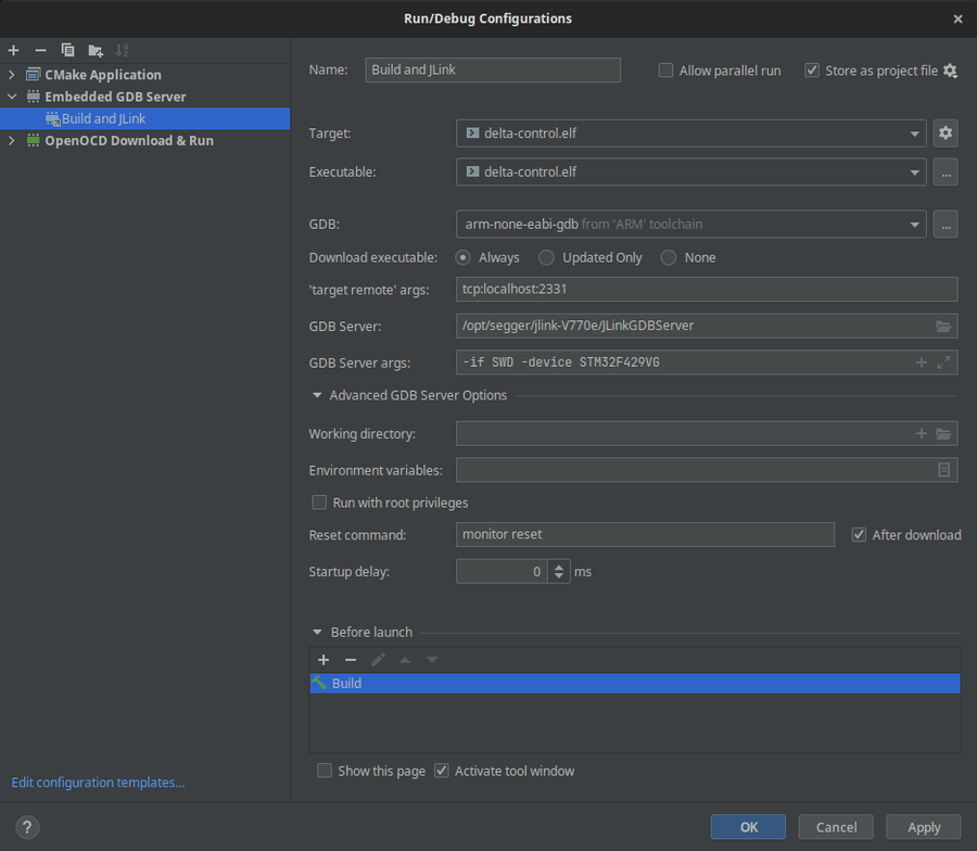 CLion Run/Debug Configuration page showing GDB server settings