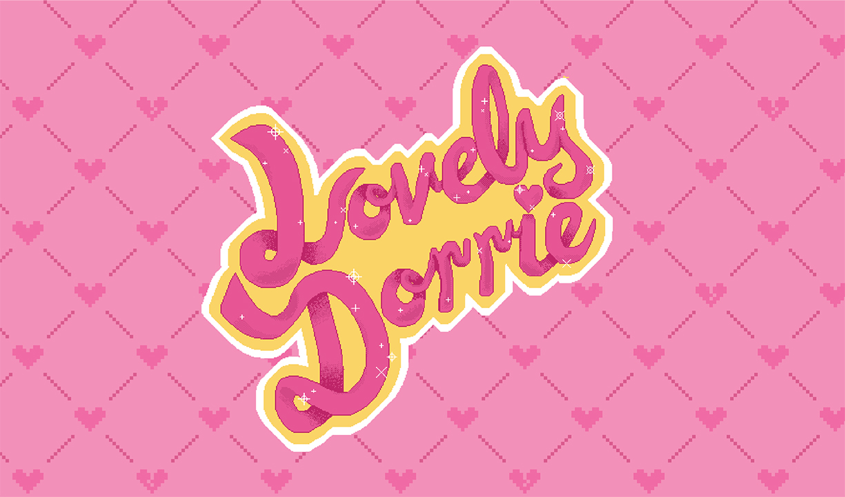 business card back, rounded script logo reading 'LovelyDorrie' in pink with a yellow and white outline, large and centered on a pink background with a darker pink repeating hearts and broken hearts pattern.