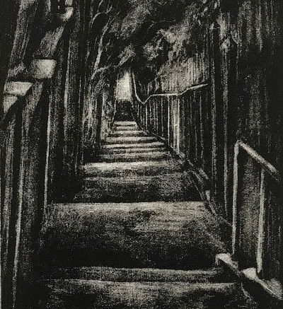 mezzotint of tree-lined steps leading downward