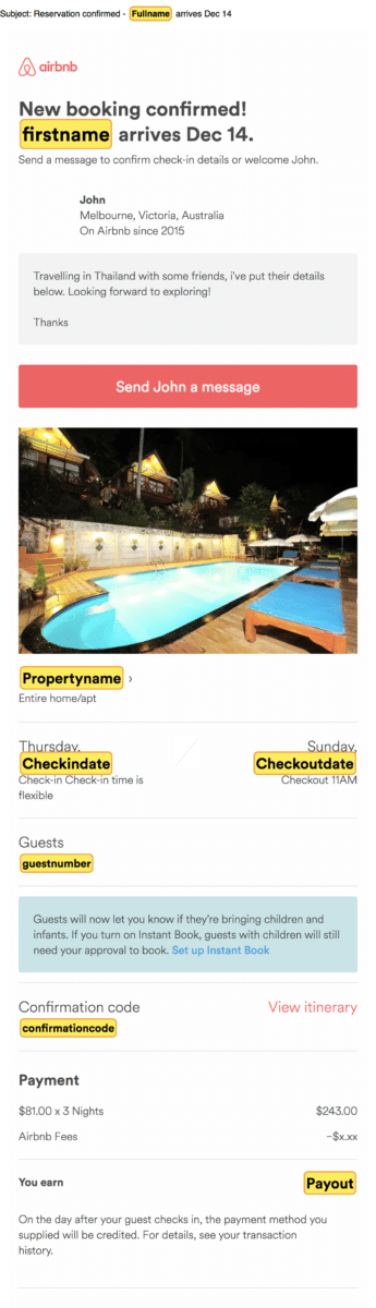 Example of an Airbnb Boooking template used by Roomfilla