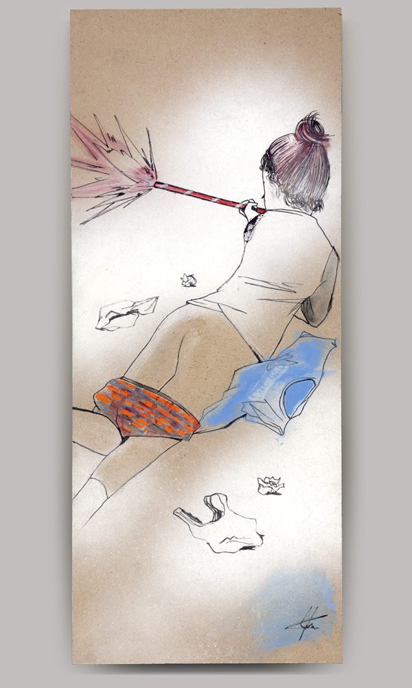An acrylic painting on wood panel, titled 'Tokyo Trash Baby', of a woman lying with her stomach on a blue t-shirt with her rear exposed. Her face is looking away at what she's holding: a roman candle going off.