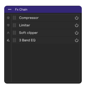 A screenshot of an FX chain housing a Compressor, Limiter, Soft Clipper, and 3 Band EQ