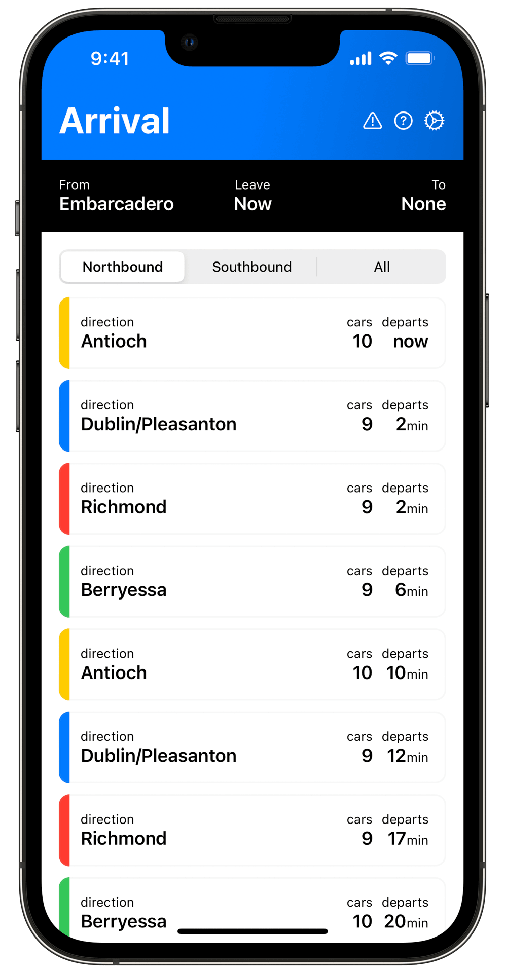 Main screen of the Arrival BART app.
