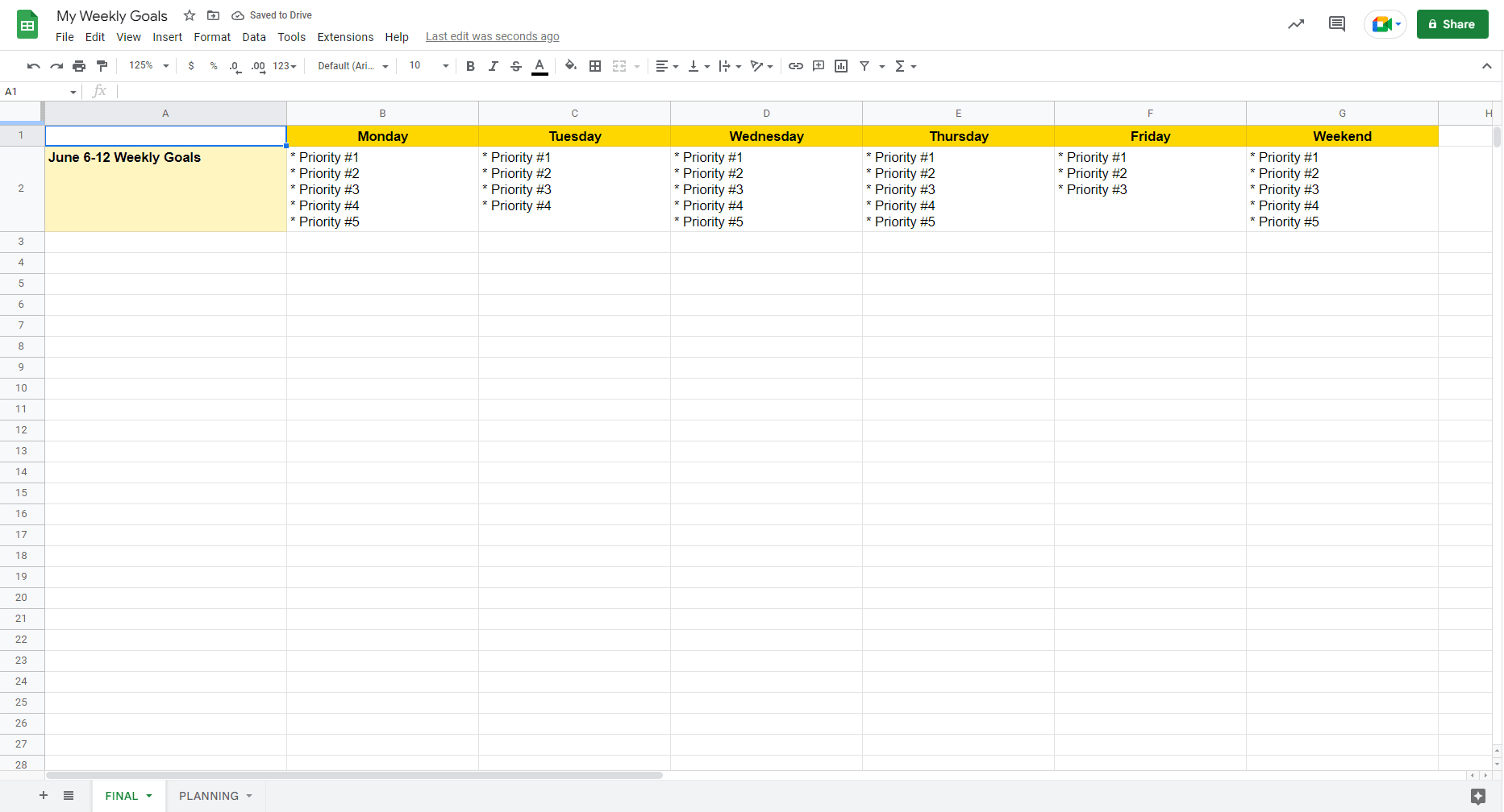 Screenshot of dummy text in Google Sheets planner