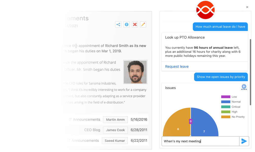 Access your smart Assistant via chatbot directly from IntelliEnterprise intranet