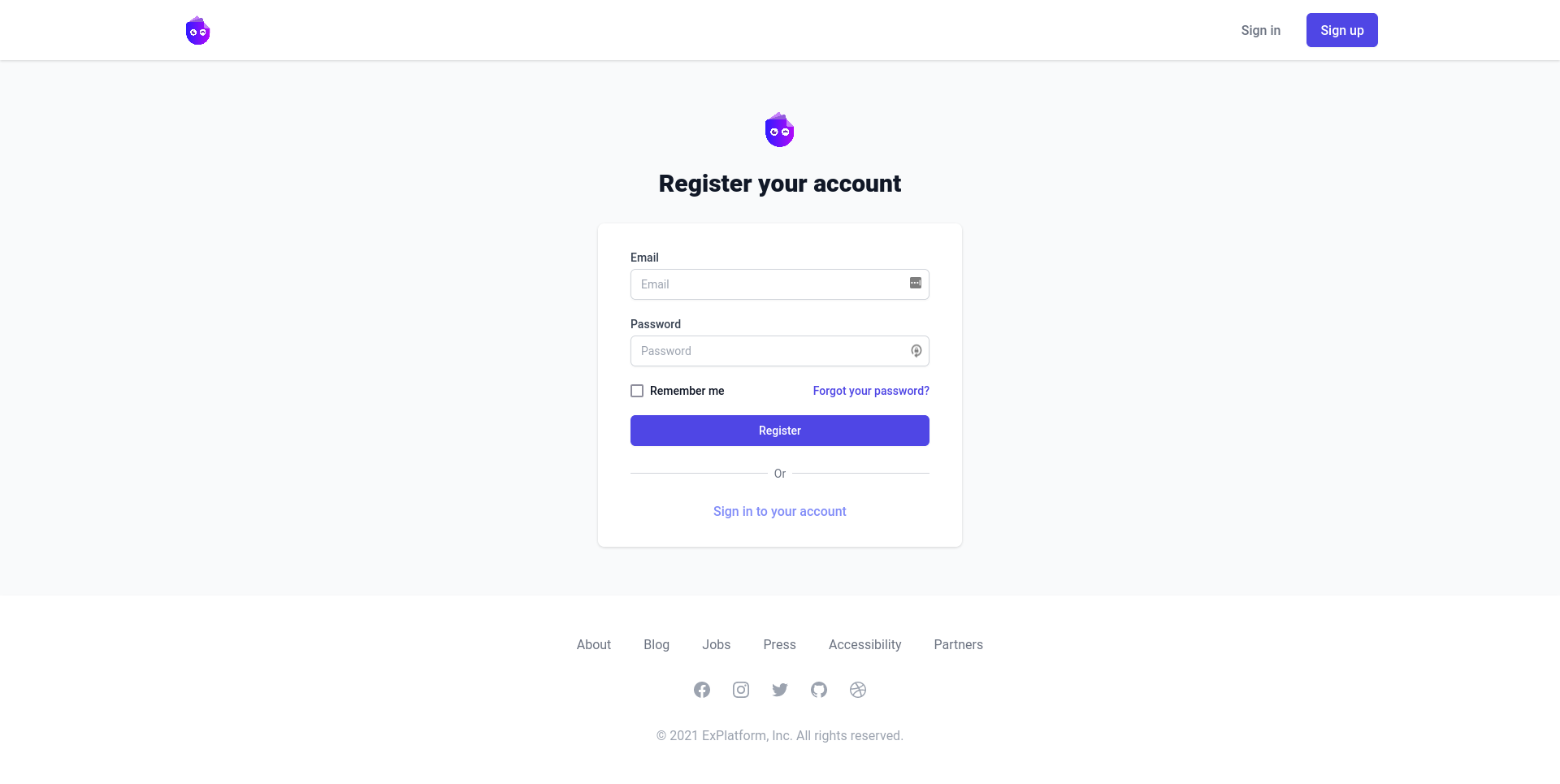 An image of the signup page showing a login field and a password field